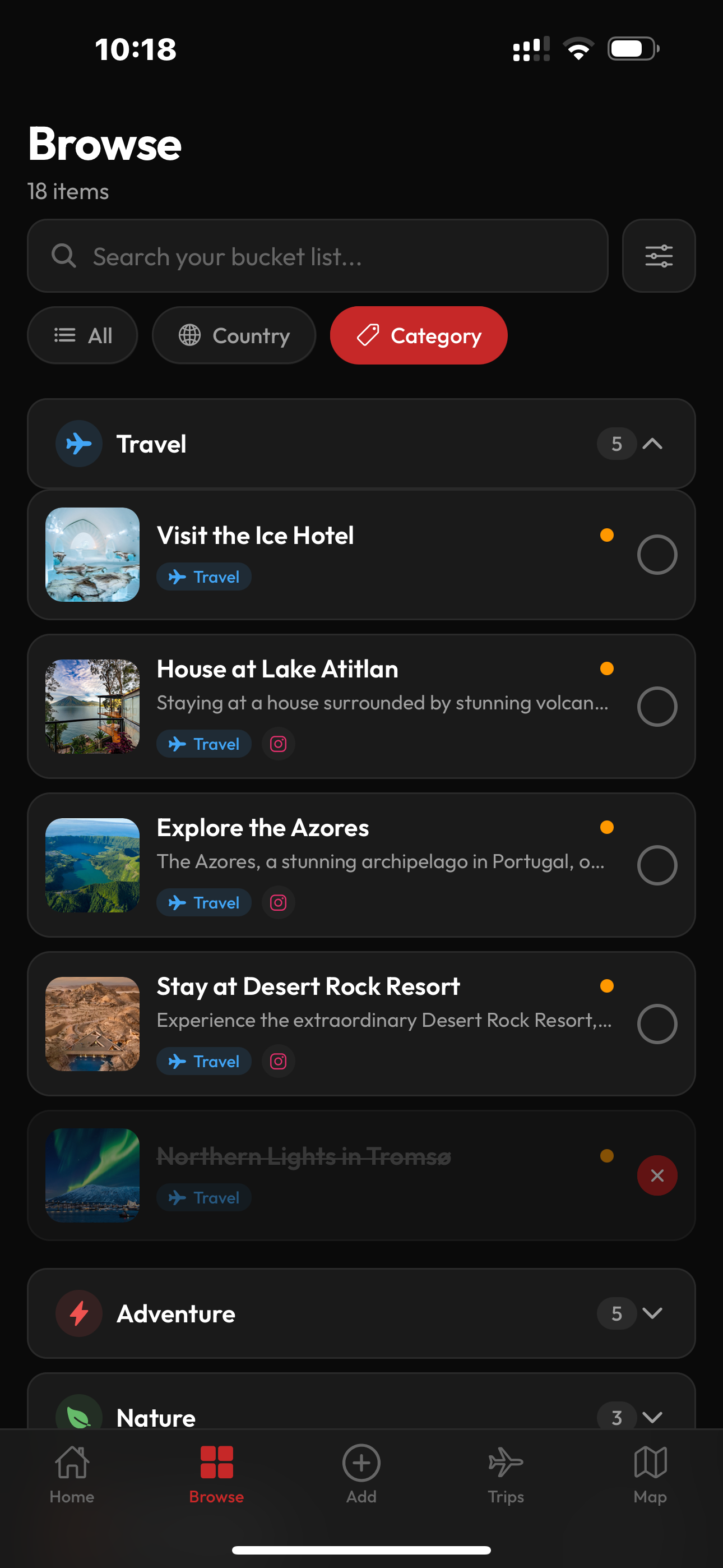 Browse your bucket list by category