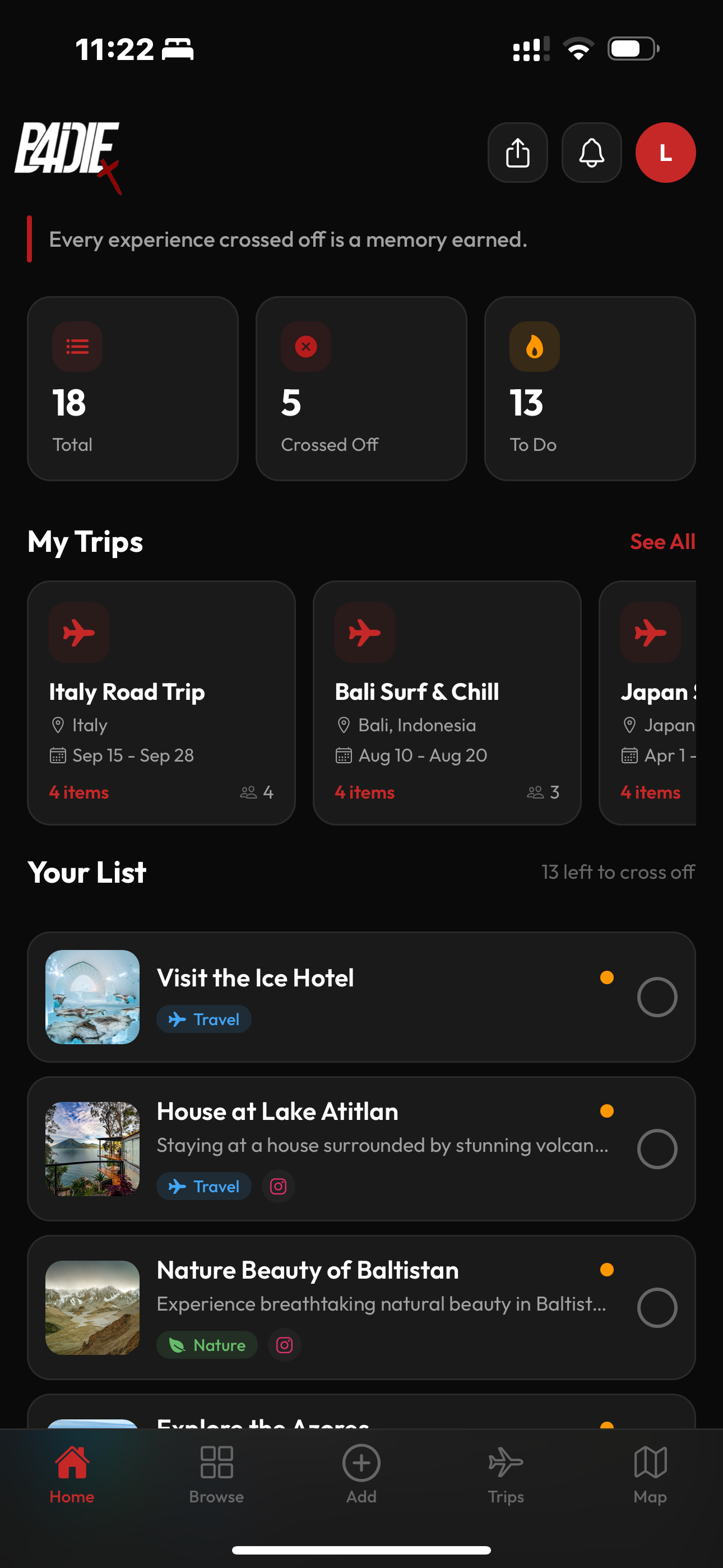 B4IDIE home screen with trips and bucket list