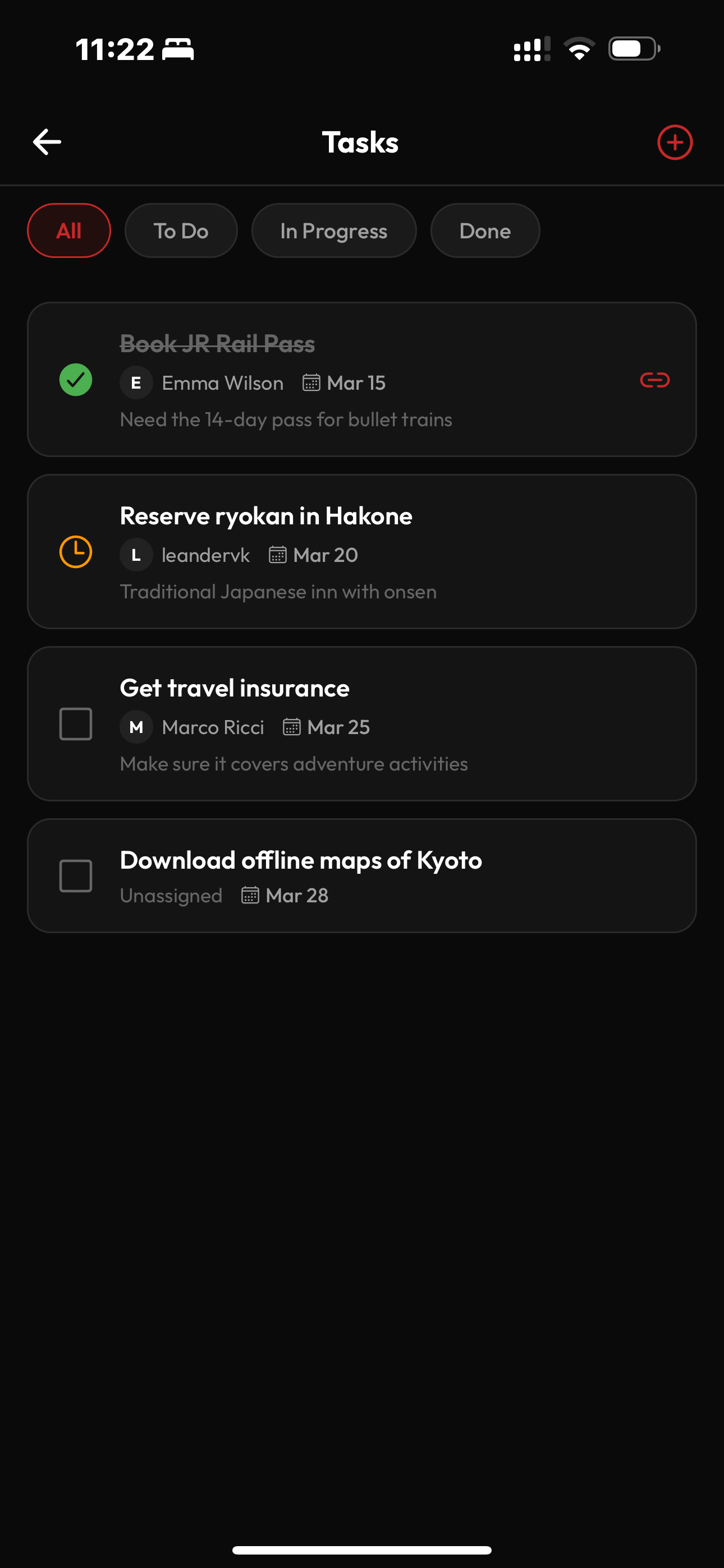 Trip tasks with assignments, due dates, and status tracking