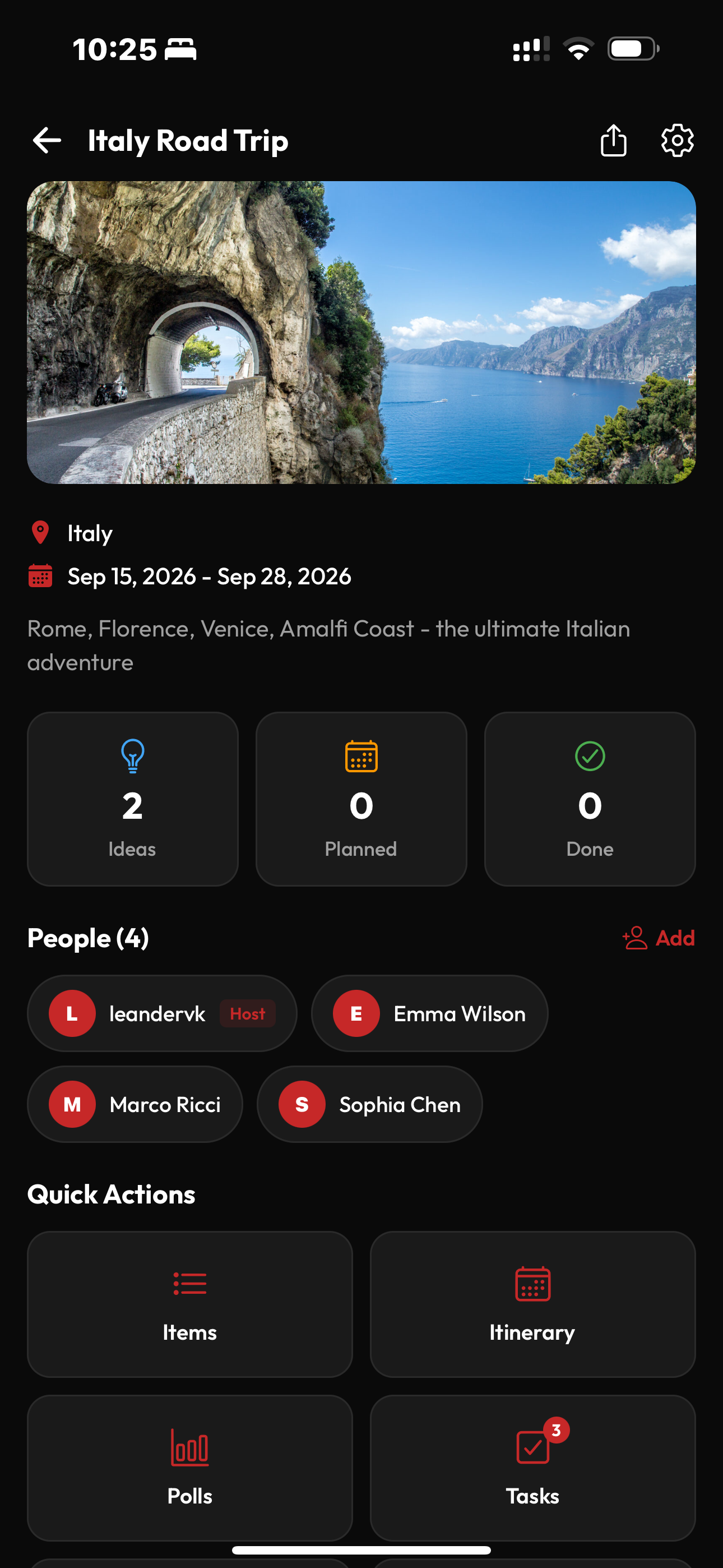 Italy Road Trip with cover image, members, and quick actions